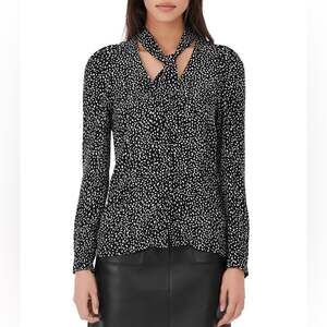 Maje Cosini Printed Tie Neck Shirt Black White Size 3 / L